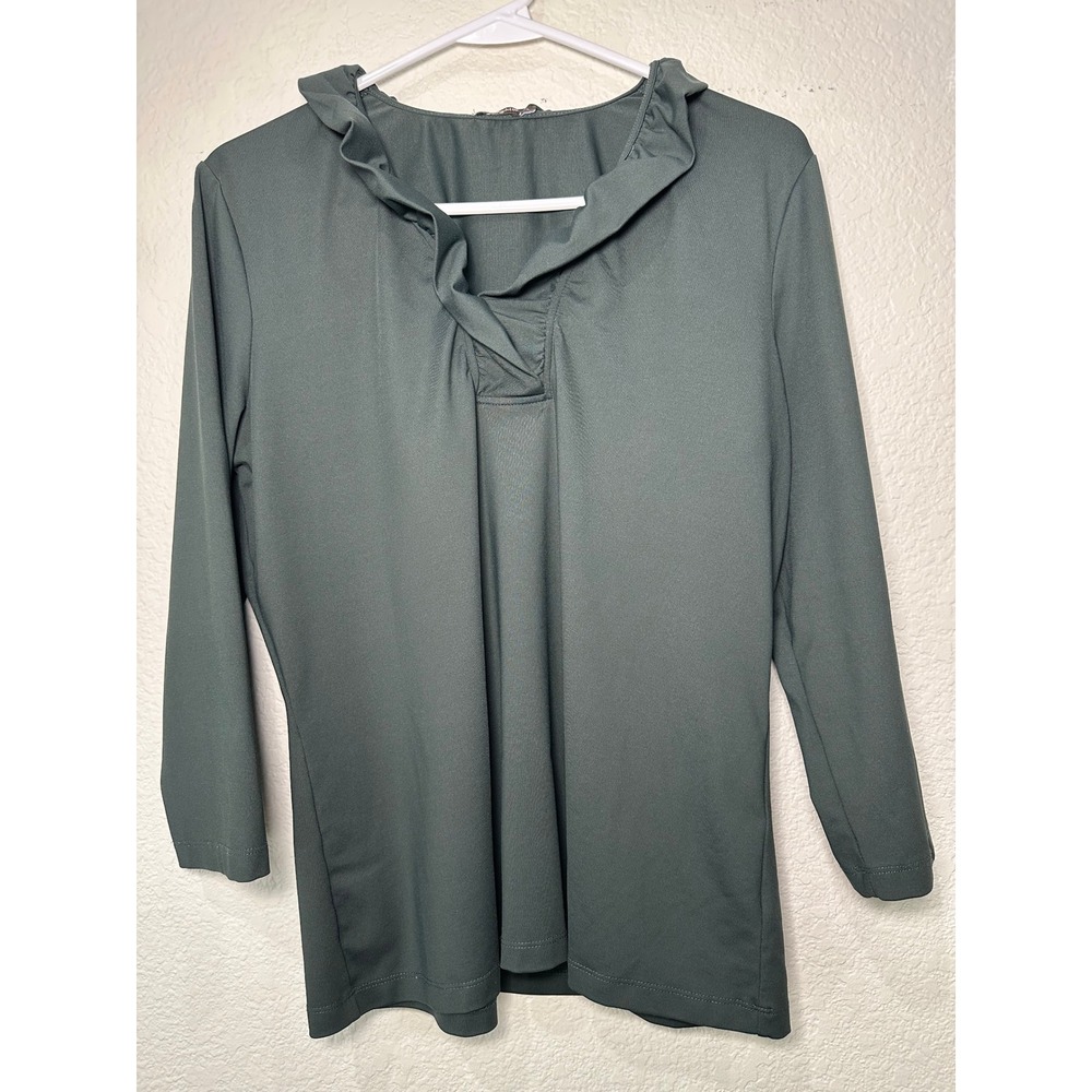 J.McLaughlin Womens Dark Sage Green Ruffle Split Neck Long Sleeve‎ Top Large